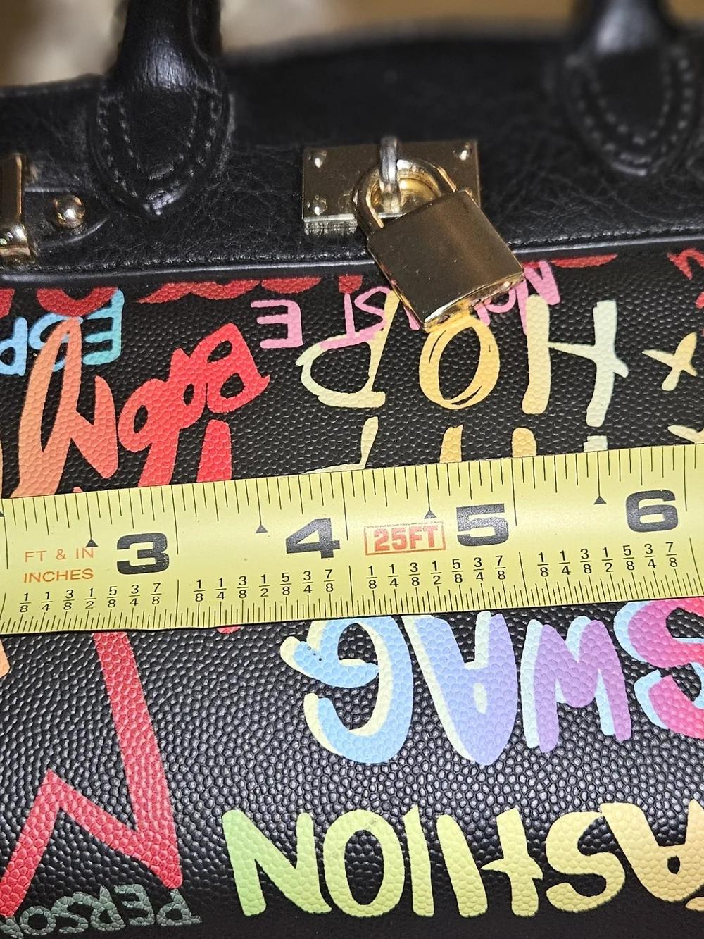 Black Graffiti-Print Satchel Handbag with Gold Lock